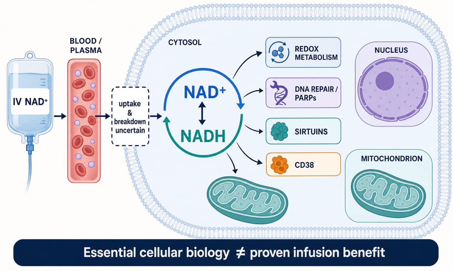 NAD plus and NADH redox cycle map showing cellular compartments, metabolic roles, consuming enzymes, and the uncertain path from intravenous infusion to intracellular pools