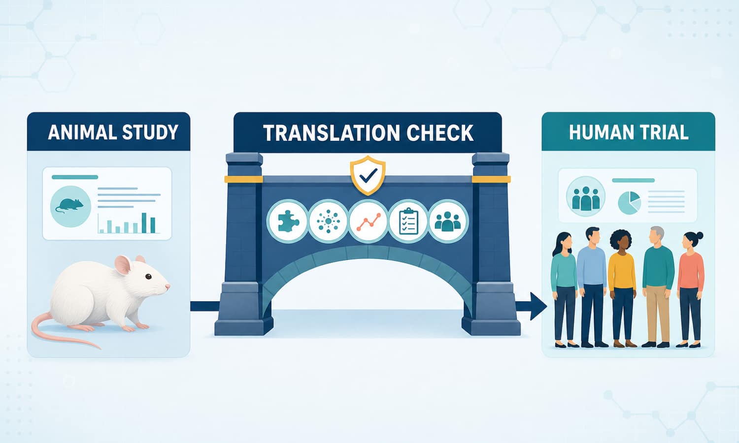 Translation bridge moving from an animal study through a translation check to a human trial, showing that animal evidence is a starting point rather than proof of a human outcome.
